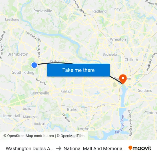 Washington Dulles Airport to National Mall And Memorial Parks map