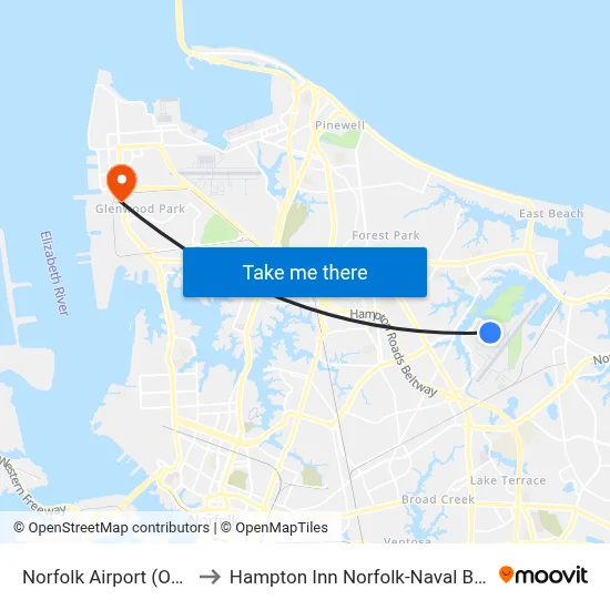 Norfolk Airport (ORF) to Hampton Inn Norfolk-Naval Base map