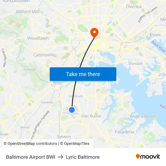 Baltimore Airport BWI to Lyric Baltimore map