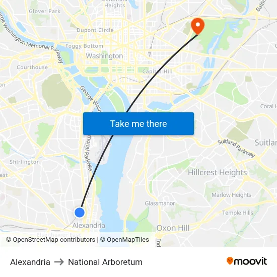 Alexandria to National Arboretum map