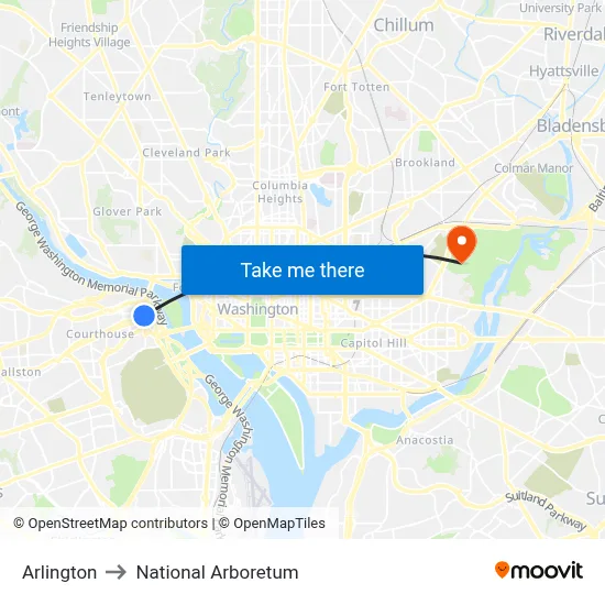 Arlington to National Arboretum map