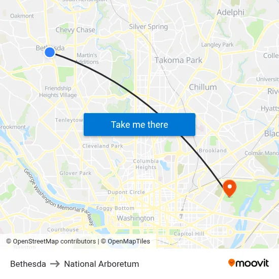 Bethesda to National Arboretum map