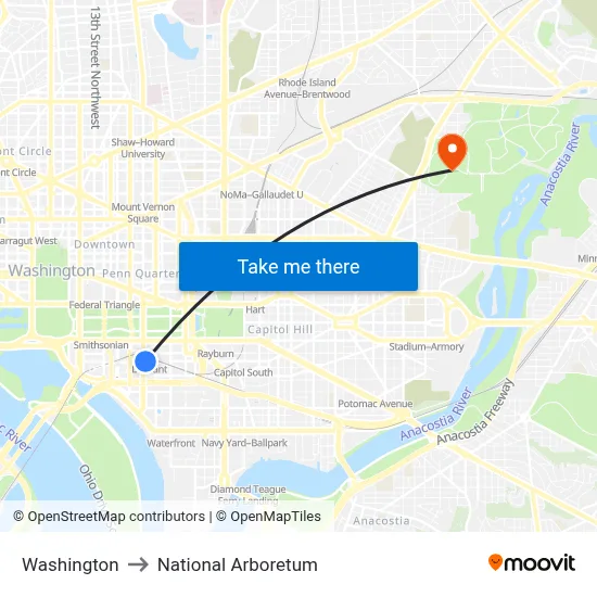 Washington to National Arboretum map