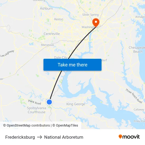 Fredericksburg to National Arboretum map