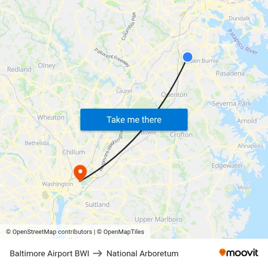 Baltimore Airport BWI to National Arboretum map
