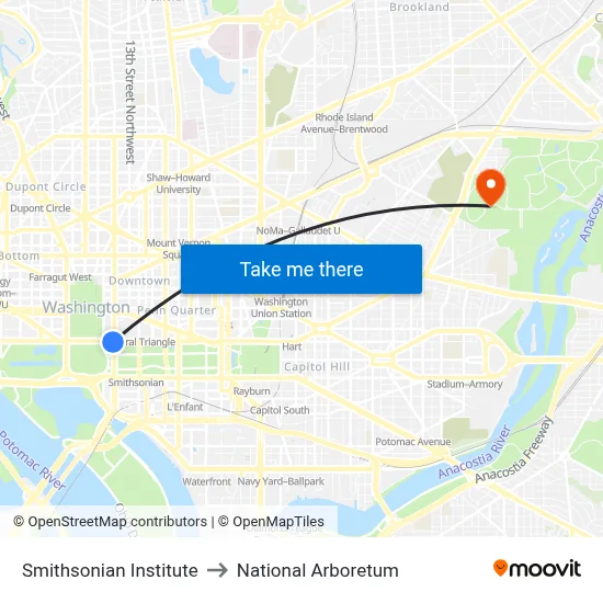 Smithsonian Institute to National Arboretum map