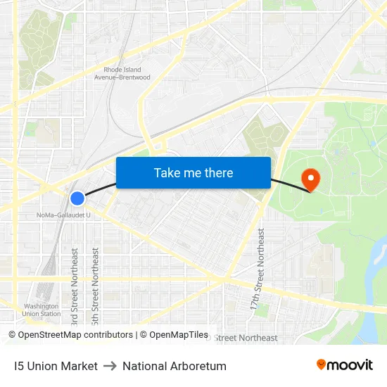 I5 Union Market to National Arboretum map