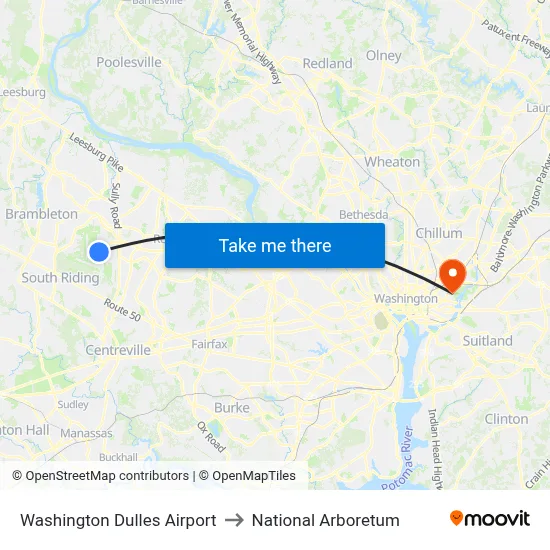 Washington Dulles Airport to National Arboretum map