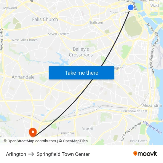Arlington to Springfield Town Center map