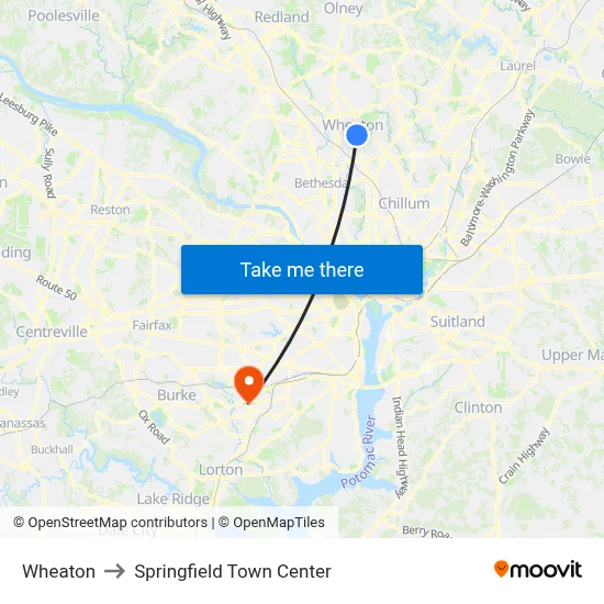 Wheaton to Springfield Town Center map