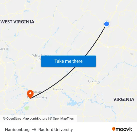 Harrisonburg to Radford University map