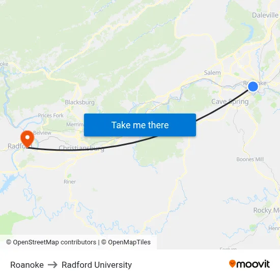 Roanoke to Radford University map