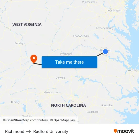 Richmond to Radford University map