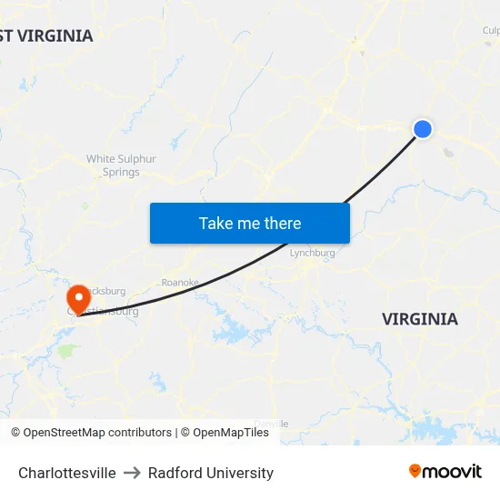 Charlottesville to Radford University map