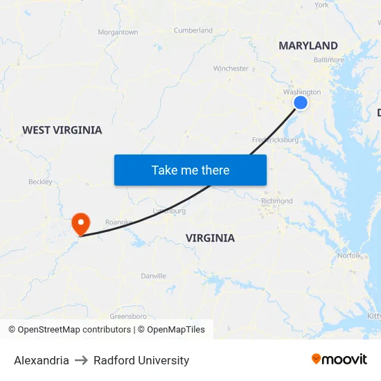 Alexandria to Radford University map