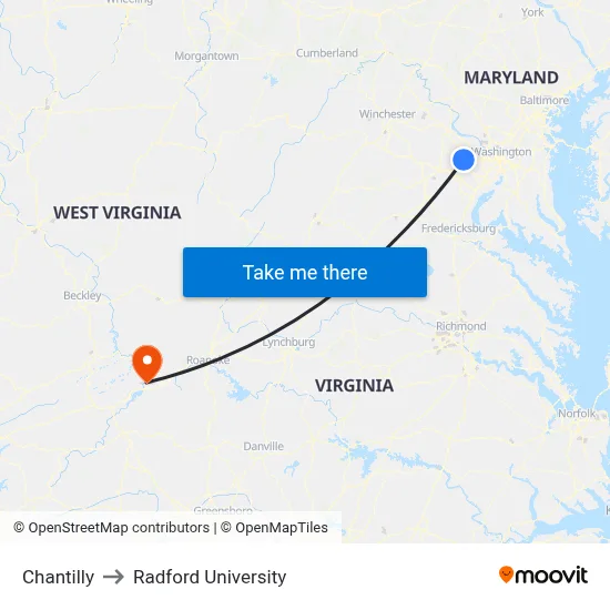 Chantilly to Radford University map