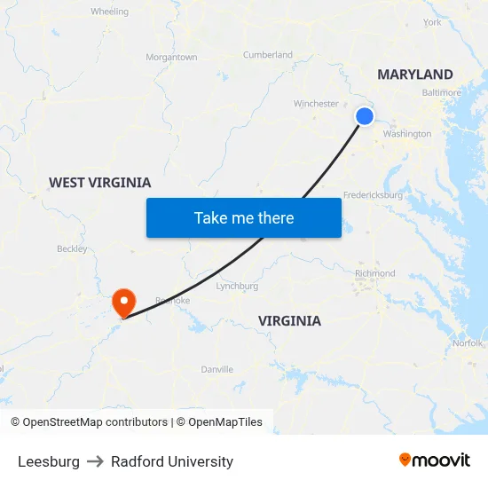 Leesburg to Radford University map