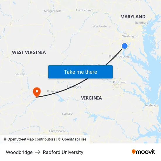 Woodbridge to Radford University map