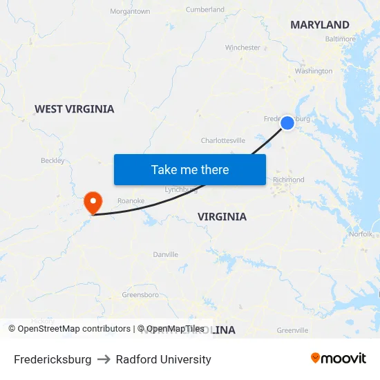 Fredericksburg to Radford University map
