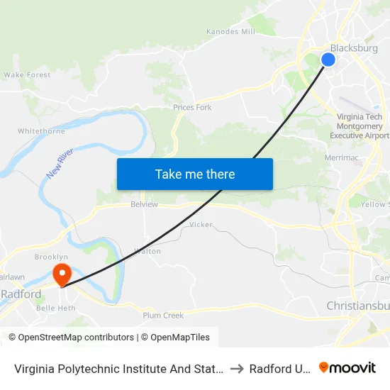 Virginia Polytechnic Institute And State University - Hahn Lot to Radford University map