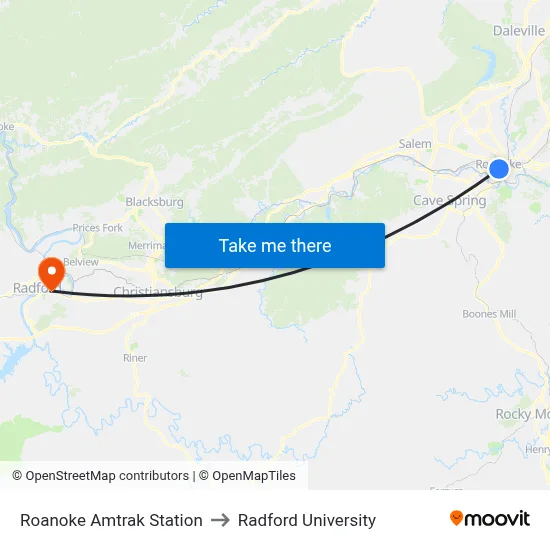 Roanoke Amtrak Station to Radford University map