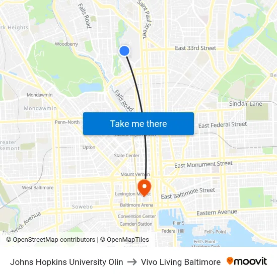 Johns Hopkins University Olin to Vivo Living Baltimore map