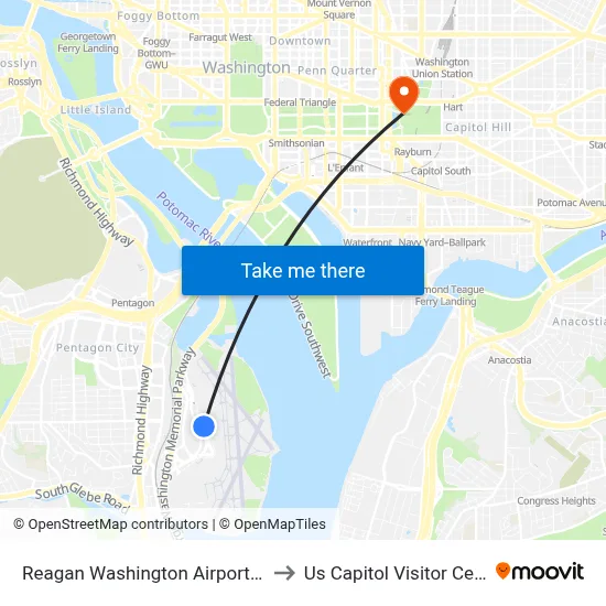 Reagan Washington Airport DCA to Us Capitol Visitor Center map