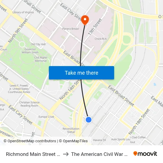 Richmond Main Street Station to The American Civil War Museum map