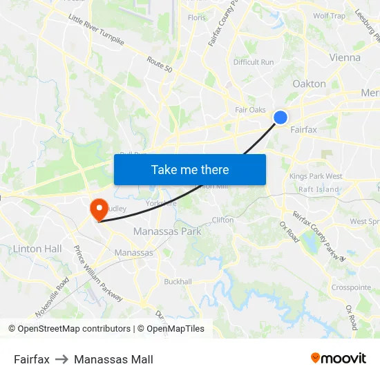Fairfax to Manassas Mall map