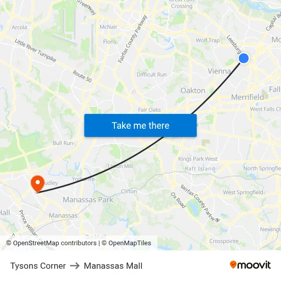 Tysons Corner to Manassas Mall map