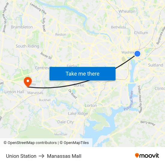 Union Station to Manassas Mall map