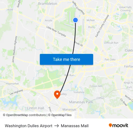 Washington Dulles Airport to Manassas Mall map