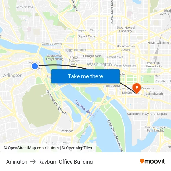 Arlington to Rayburn Office Building map