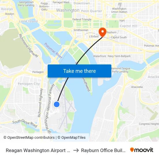 Reagan Washington Airport DCA to Rayburn Office Building map