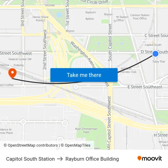 Capitol South Station to Rayburn Office Building map