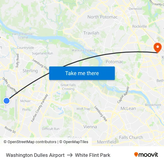 Washington Dulles Airport to White Flint Park map
