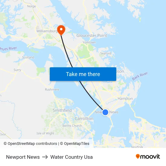 Newport News to Water Country Usa map