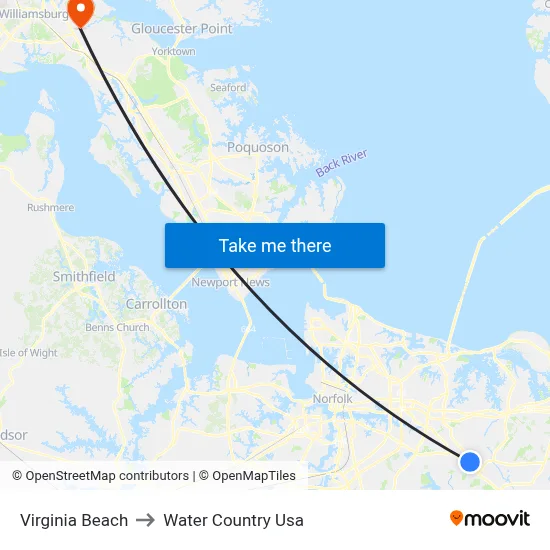 Virginia Beach to Water Country Usa map