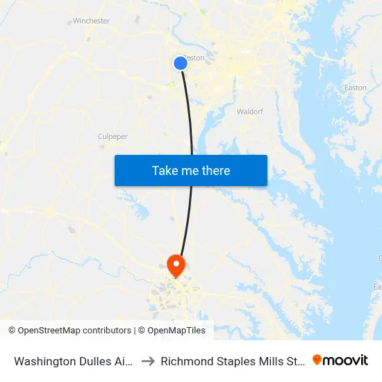 Washington Dulles Airport to Richmond Staples Mills Station map