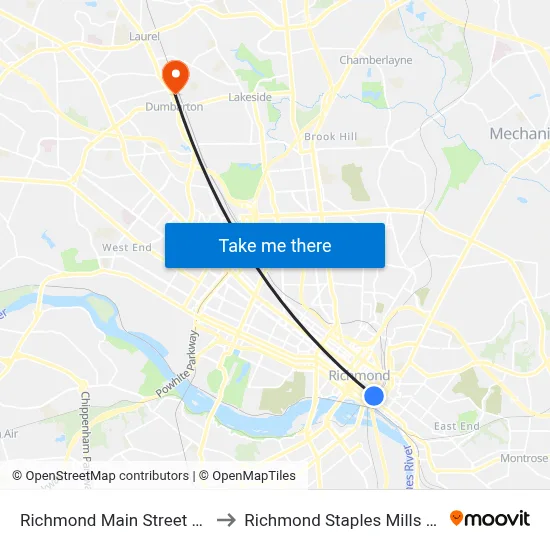 Richmond Main Street Station to Richmond Staples Mills Station map