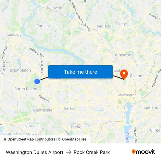 Washington Dulles Airport to Rock Creek Park map