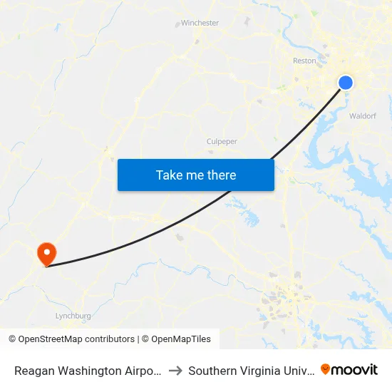 Reagan Washington Airport DCA to Southern Virginia University map