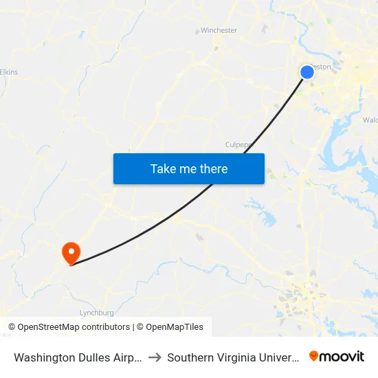 Washington Dulles Airport to Southern Virginia University map