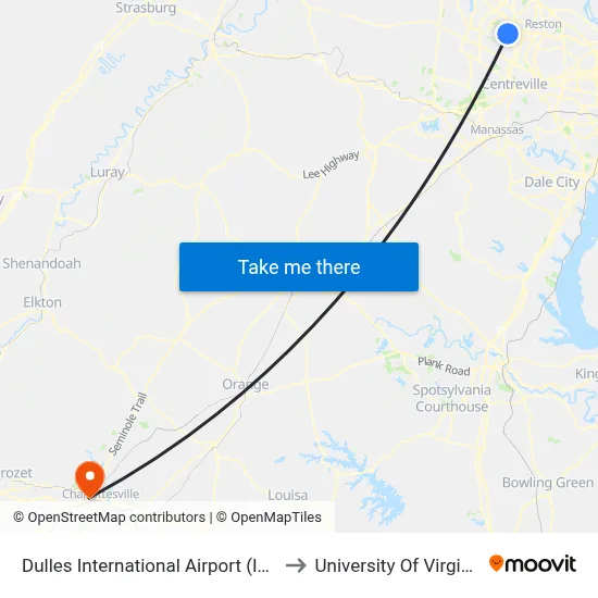 Dulles International Airport (Iad) to University Of Virginia map