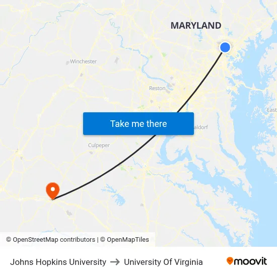Johns Hopkins University to University Of Virginia map