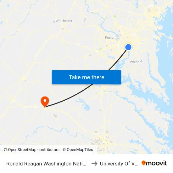 Ronald Reagan Washington National Airport to University Of Virginia map