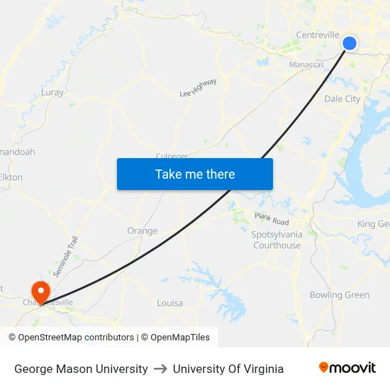 George Mason University to University Of Virginia map