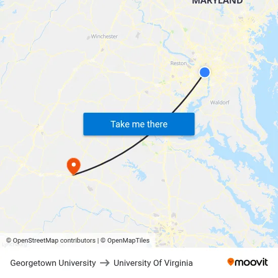 Georgetown University to University Of Virginia map