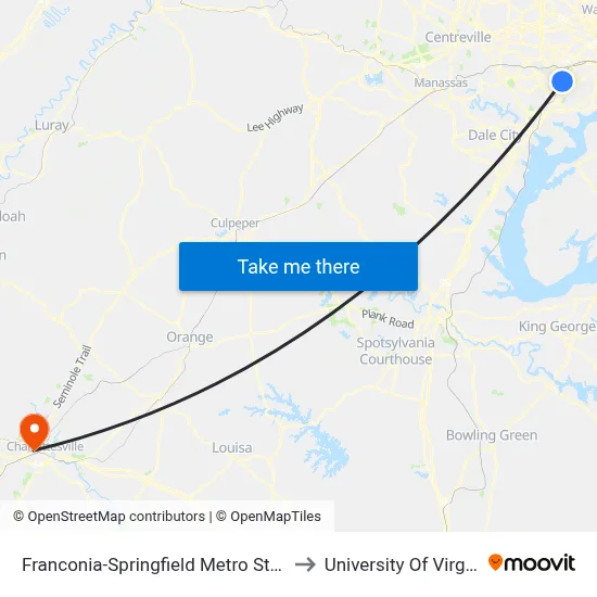 Franconia-Springfield Metro Station to University Of Virginia map
