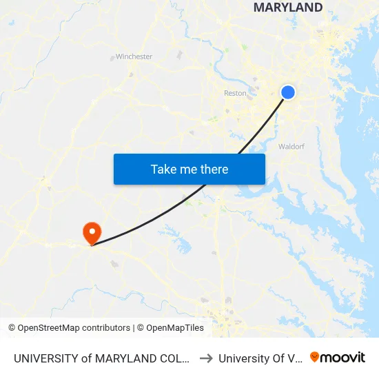 UNIVERSITY of MARYLAND COLLEGE PARK to University Of Virginia map